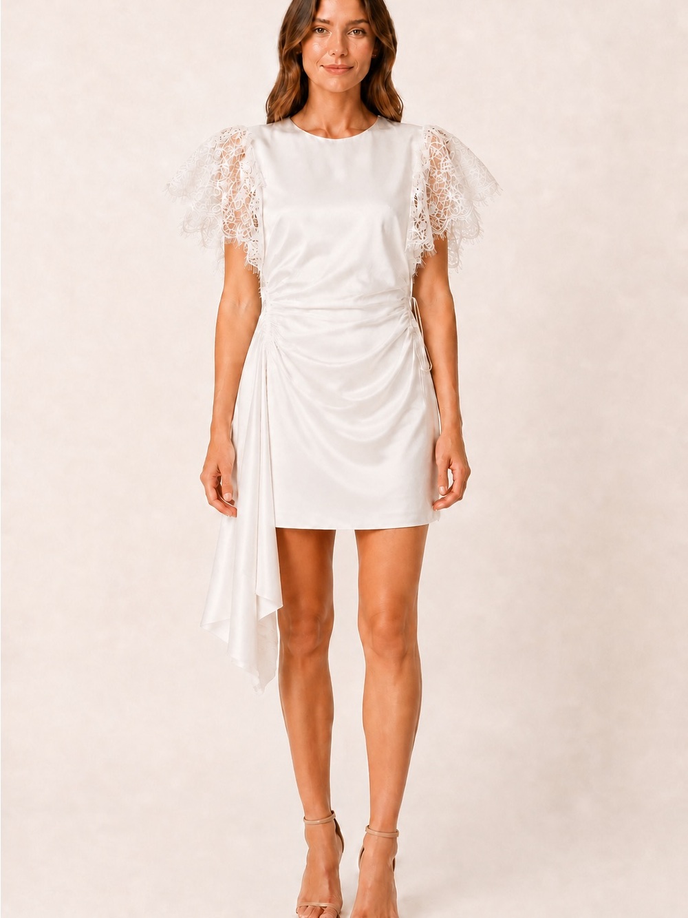 NWT AMUR Zina Ivory Satin Lace Ruched Asymmetric Dress Size 8